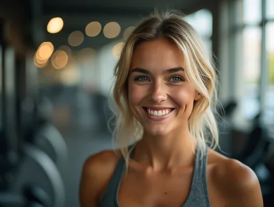 Smiling Blonde Woman Exercising In A Modern Gym