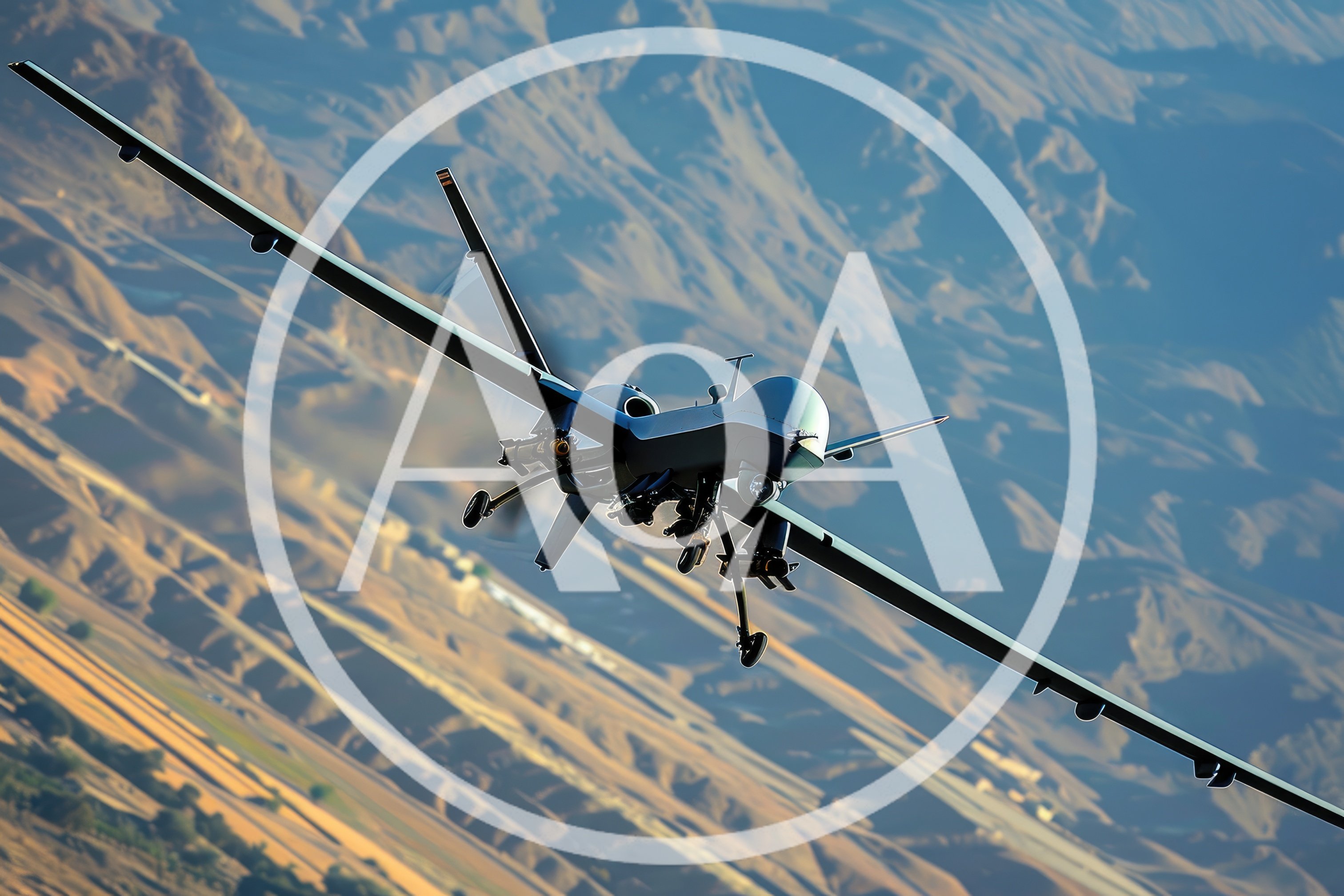 MQ-9 Reaper Drone Flying Over Mountainous Terrain