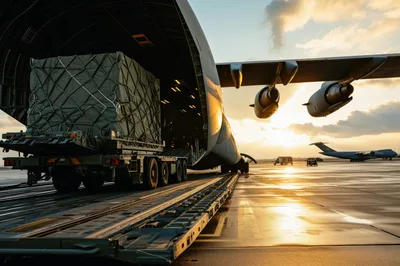 Military Cargo Plane Loading Operations At Sunset