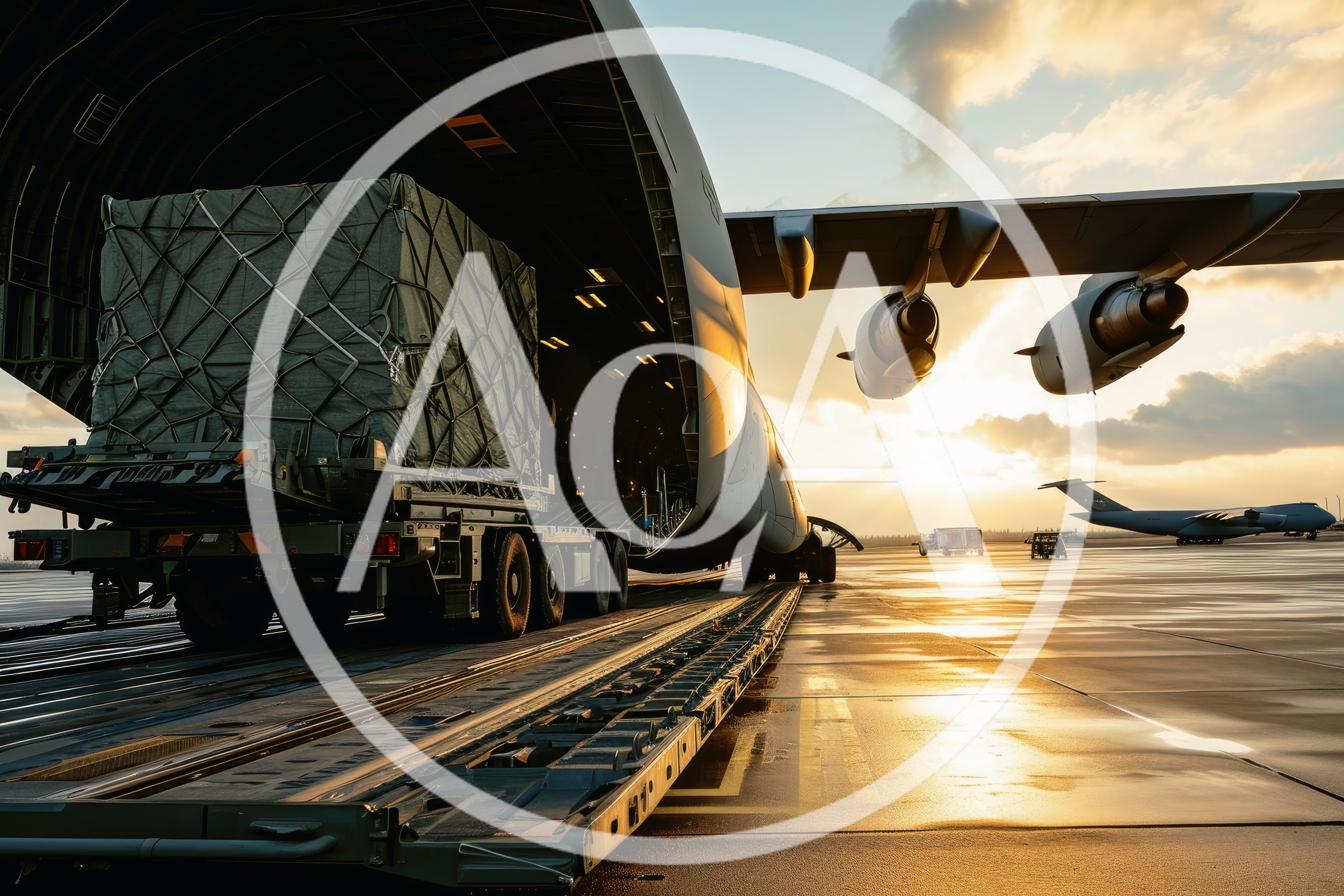 Military Cargo Plane Loading Operations At Sunset