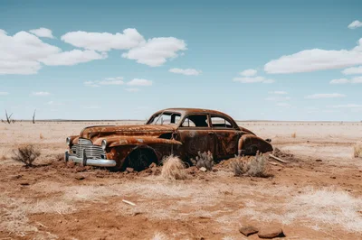 Abandoned Rusty Vintage Car In A Desert Landscape