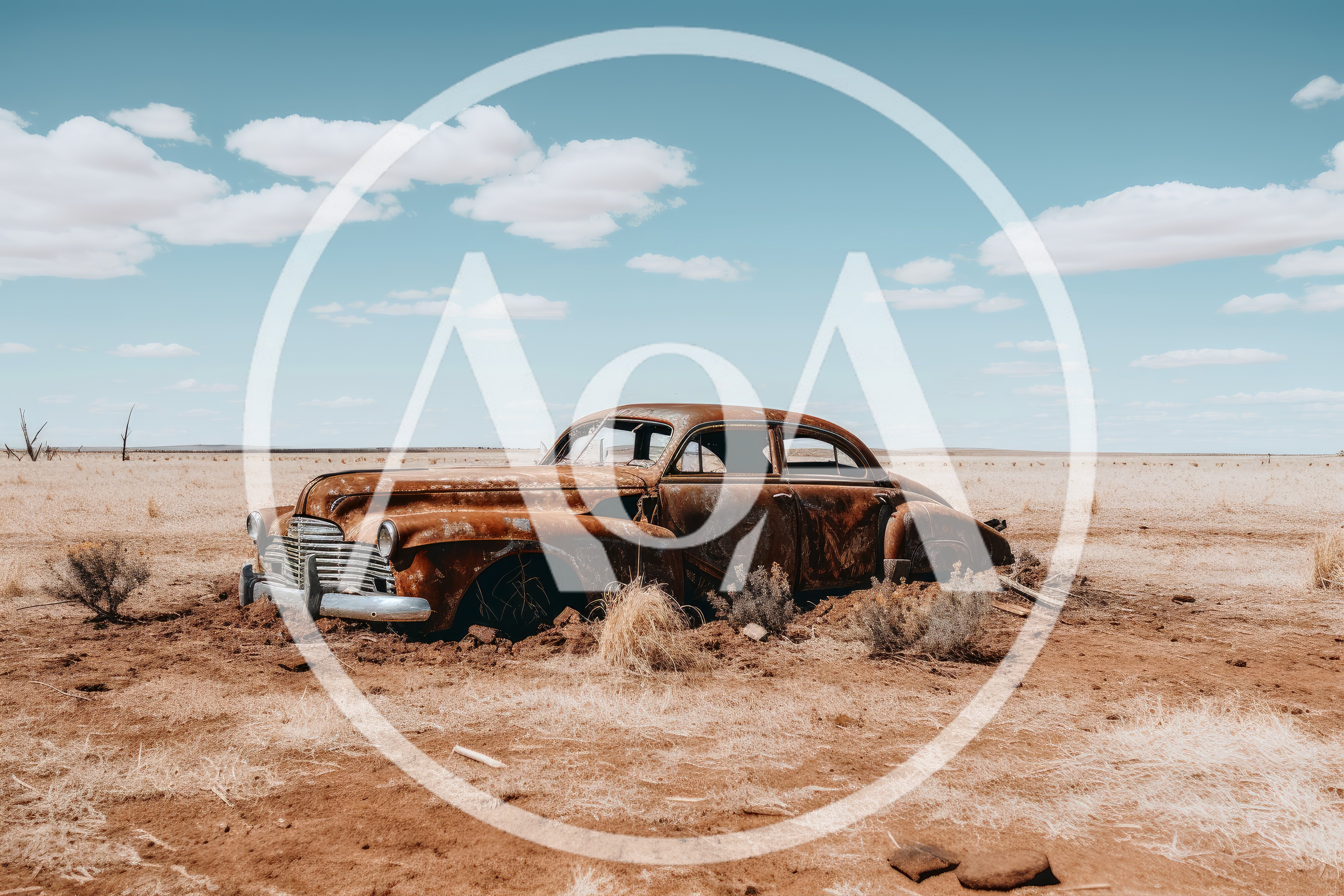 Abandoned Rusty Vintage Car In A Desert Landscape