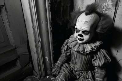 Creepy Pennywise Style Clown Doll In Dark Corner