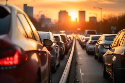 Traffic Jam During Golden Hour Sunset