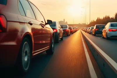 Heavy Traffic Congestion On A Highway At Sunset