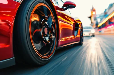 Red Sports Car Driving Fast on City Street