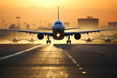 Commercial Airplane Landing On Airport Runway At Sunset