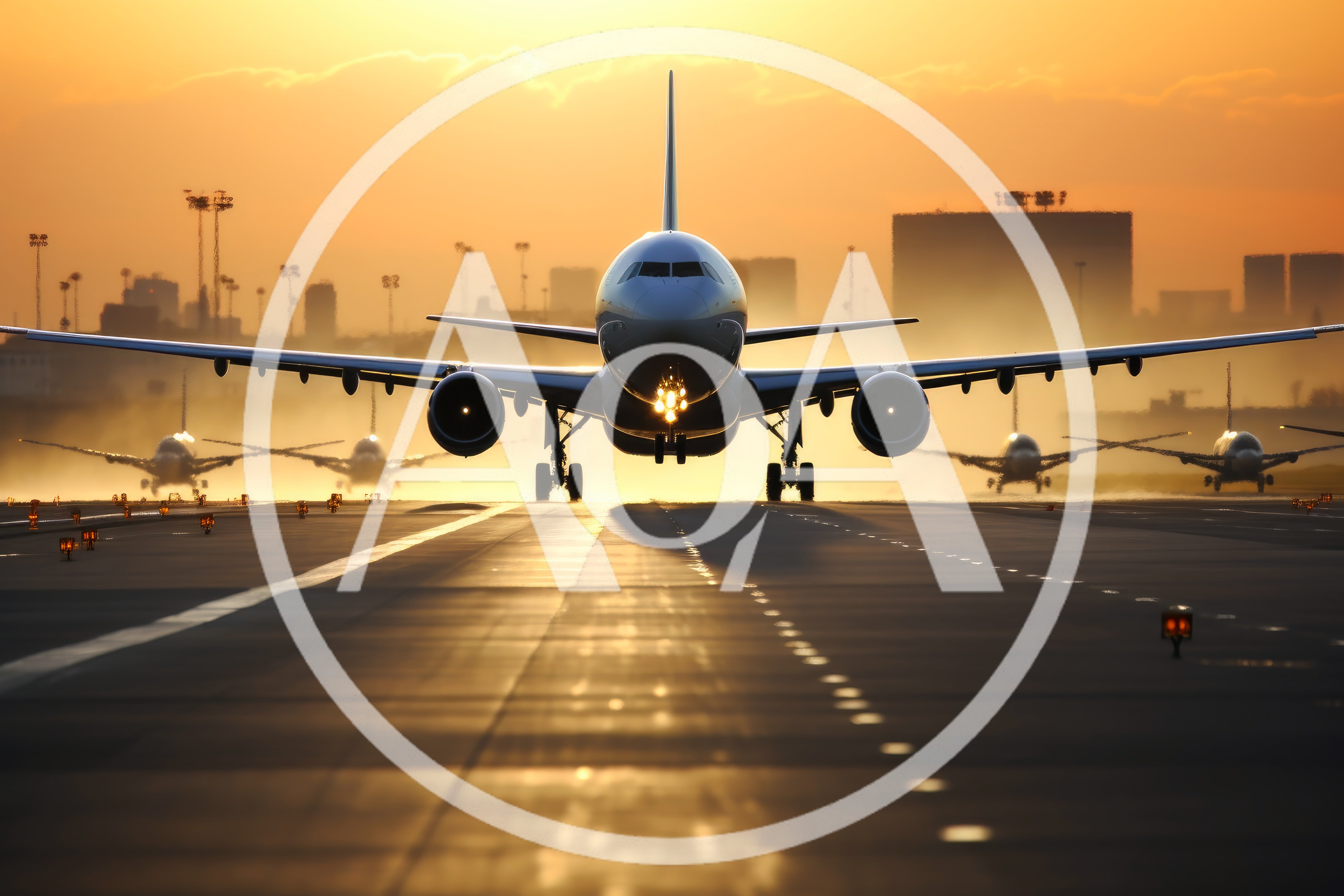 Commercial Airplane Landing On Airport Runway At Sunset