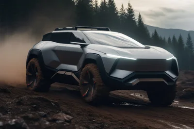 Futuristic Concept SUV Driving Through Muddy Forest Terrain