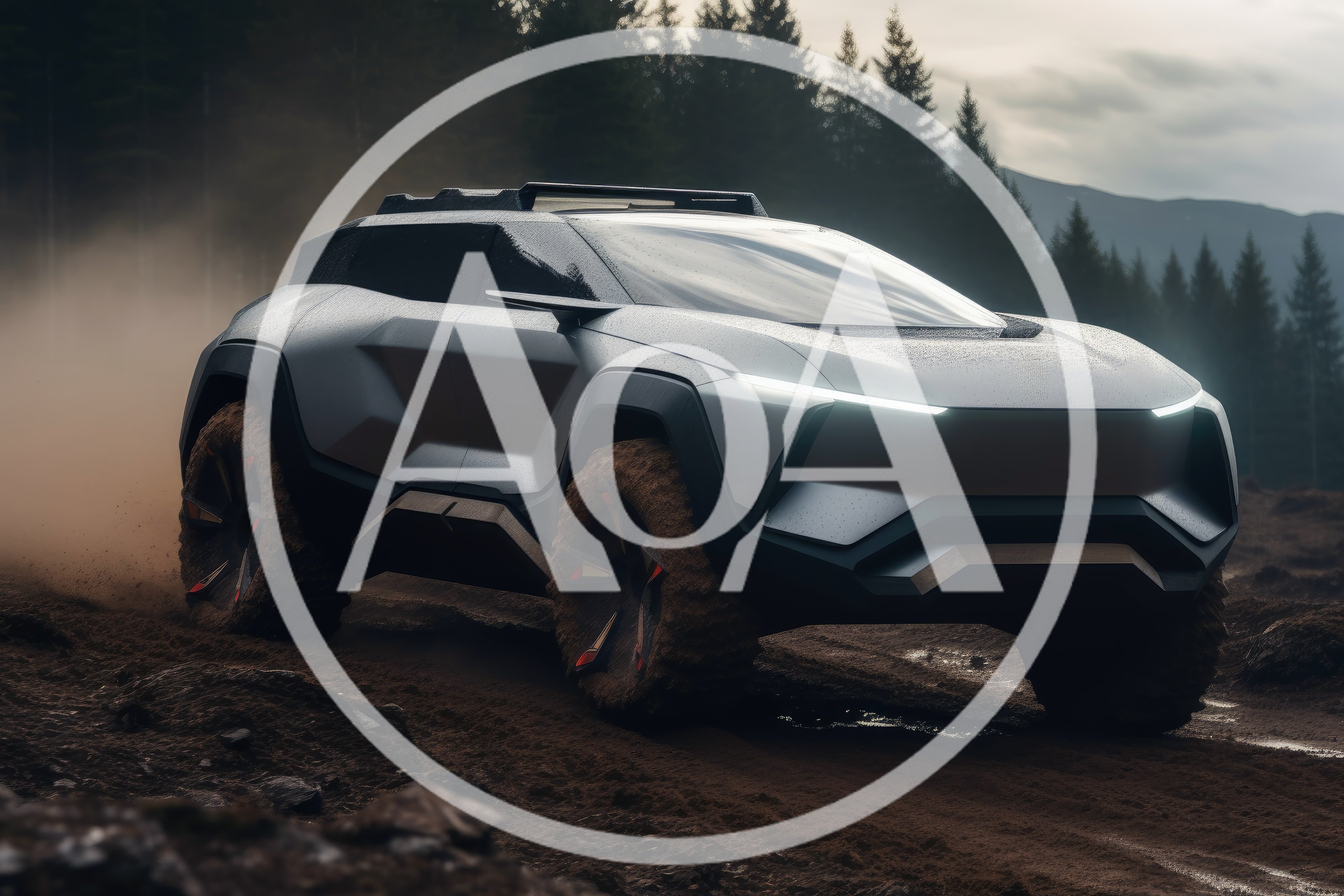 Futuristic Concept SUV Driving Through Muddy Forest Terrain
