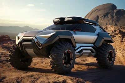Futuristic Off-Road Concept Vehicle In Desert Landscape