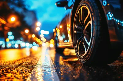 Close Up Of Car Wheel On Wet City Street