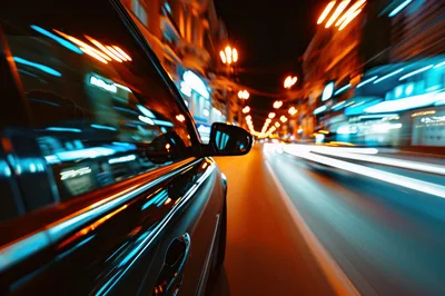 Car Driving Through City Streets At Night