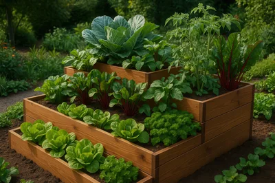 Tiered Wooden Raised Garden Bed With Assorted Vegetables