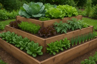 Tiered Wooden Raised Garden Bed With Assorted Vegetables