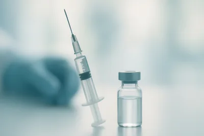 Medical Syringe And Vaccine Vial On Clinical Table