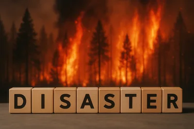 Wooden Blocks Spelling Disaster Against A Burning Forest Background
