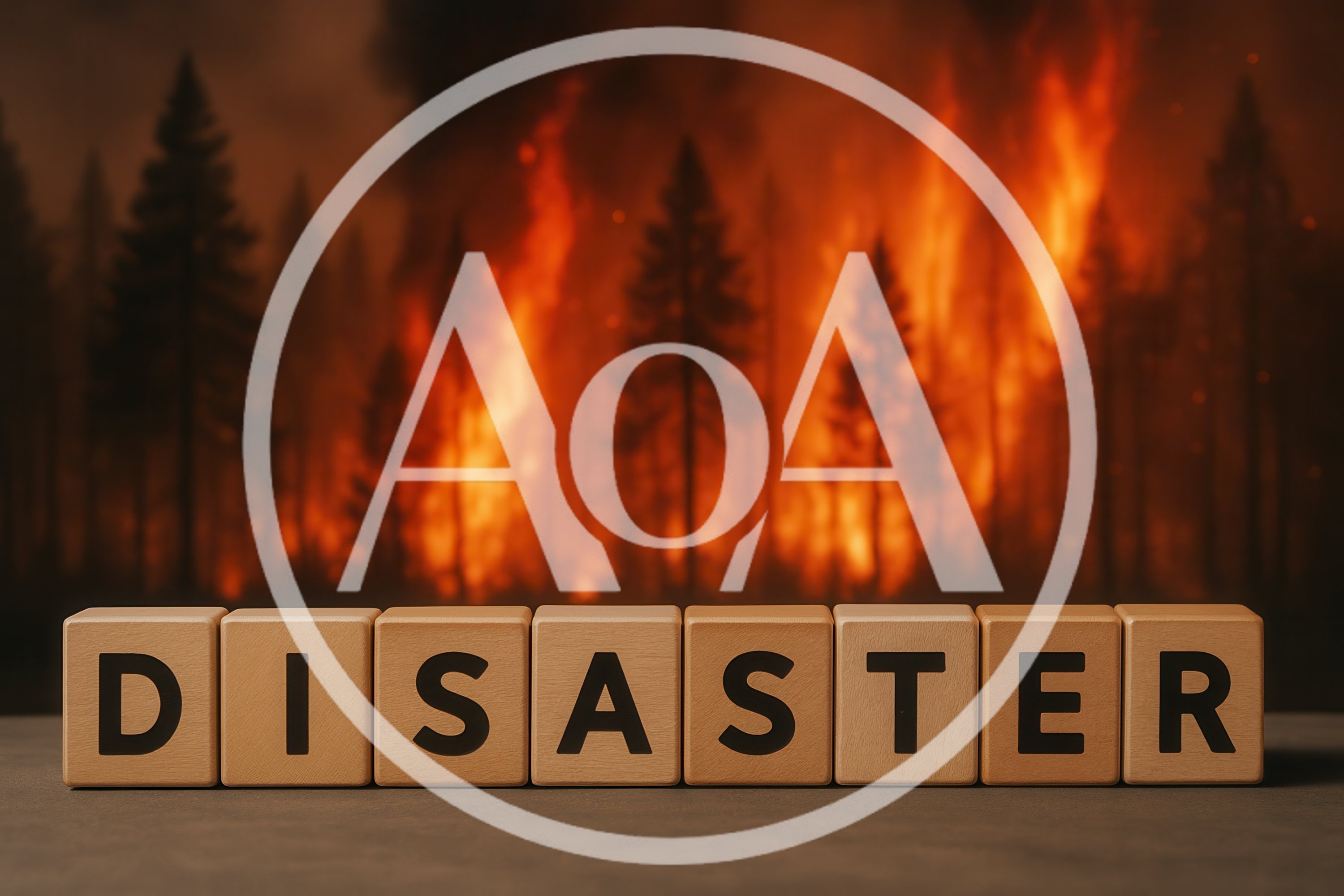 Wooden Blocks Spelling Disaster Against A Burning Forest Background