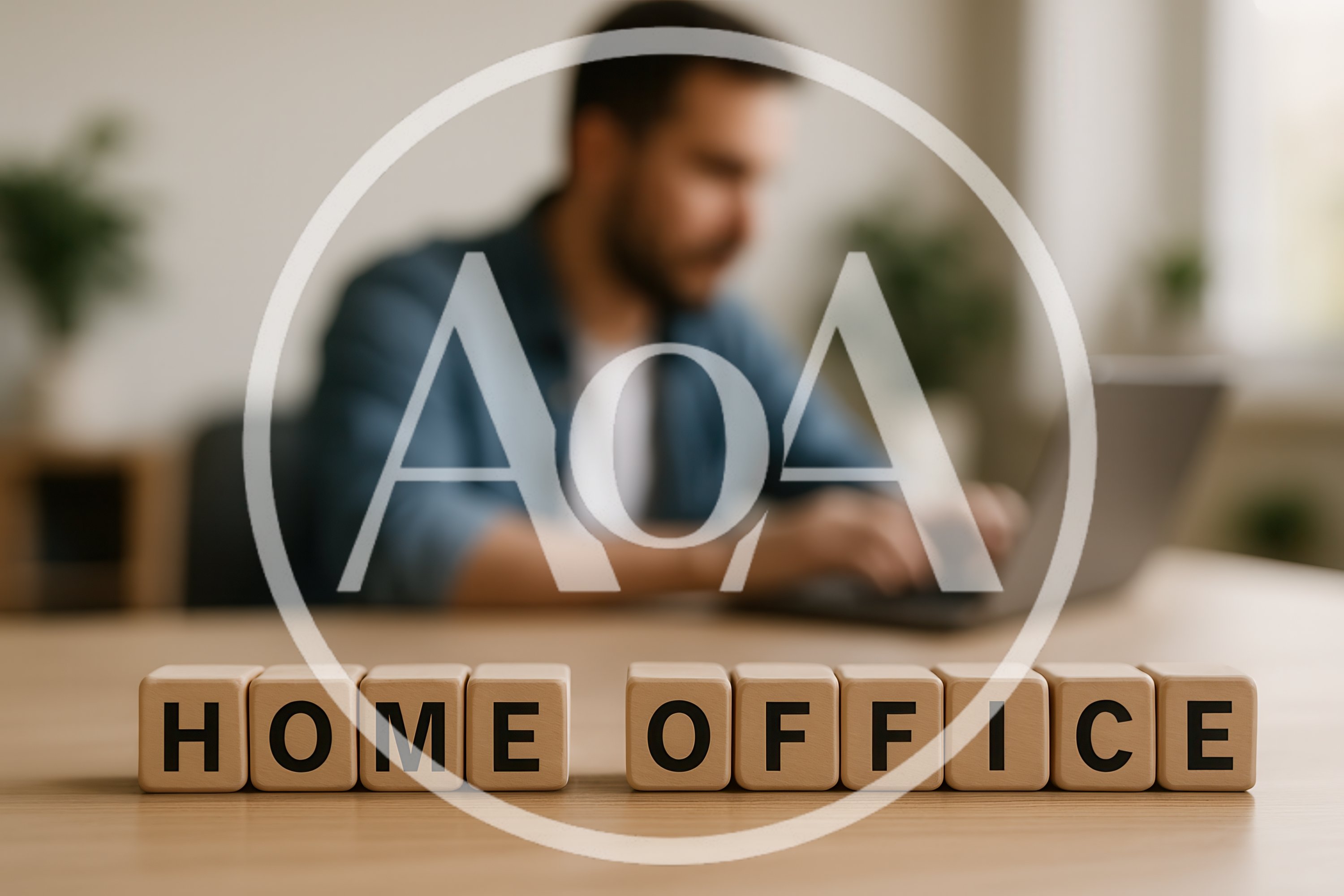 Wooden Blocks Spelling Home Office With Man Working