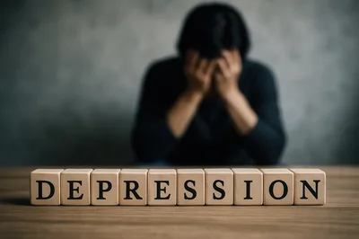 Person Sitting With Head In Hands Behind Depression Blocks