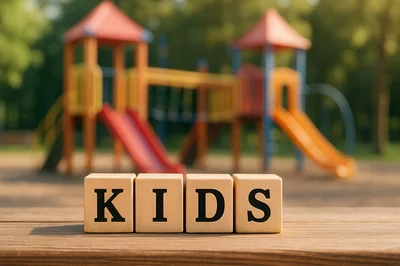 Wooden Blocks Spelling Kids On A Playground Background