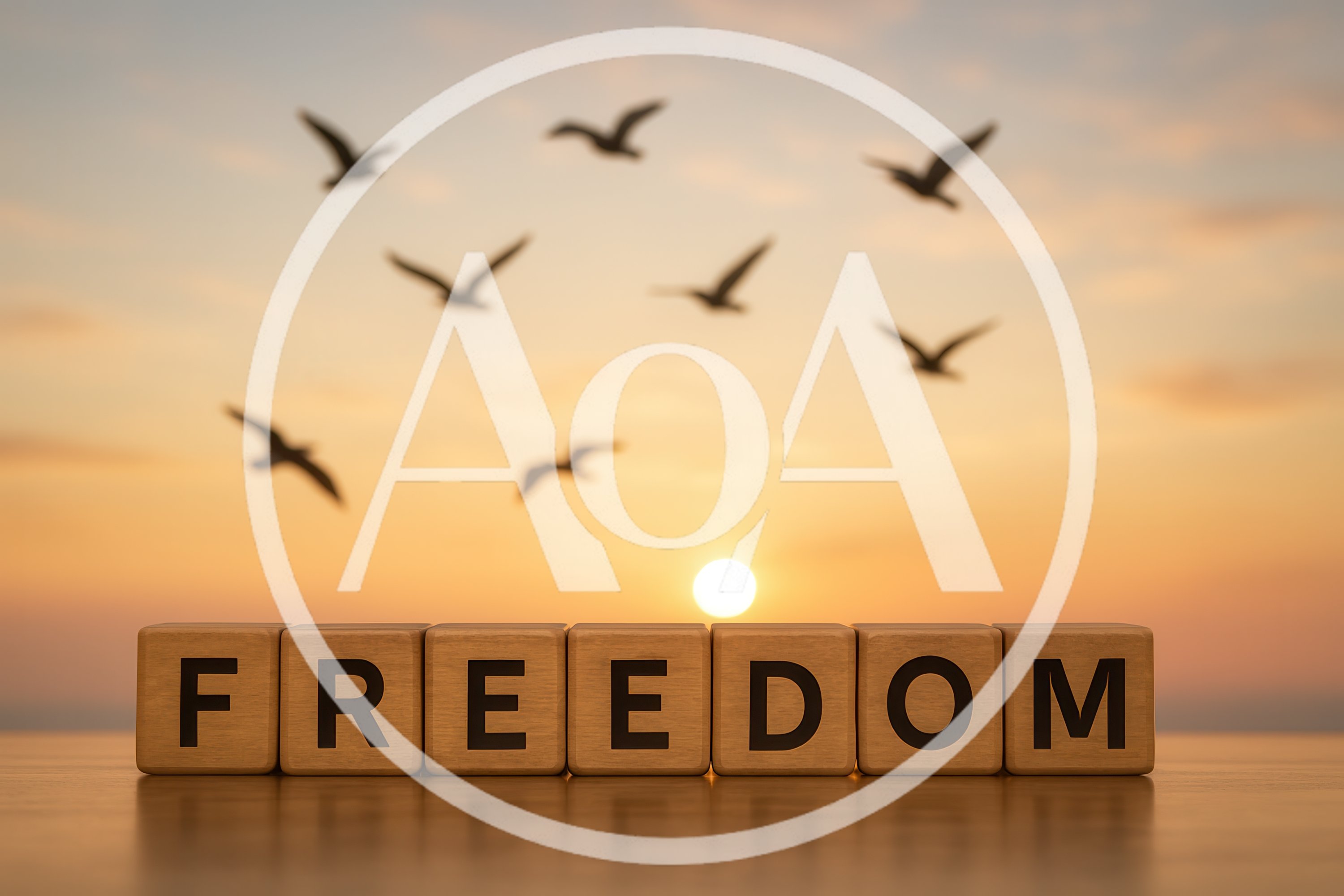 Wooden Blocks Spelling Freedom With Flying Birds At Sunset