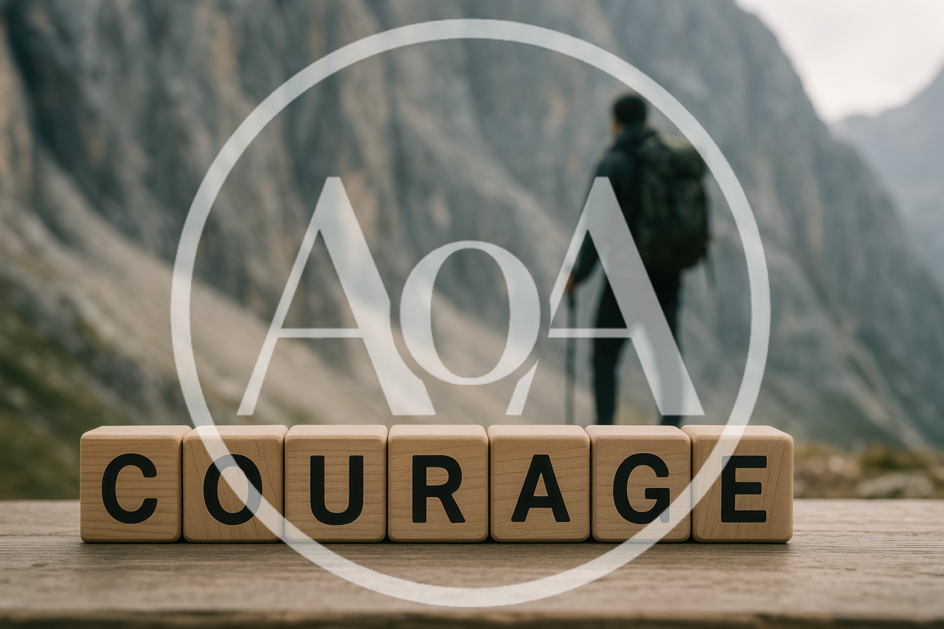 Wooden Blocks Spelling Courage With Hiker In Background