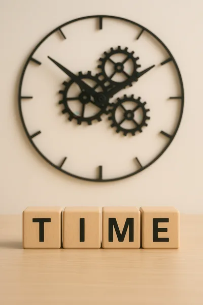 Wooden Blocks Spelling Time Under A Gear Clock