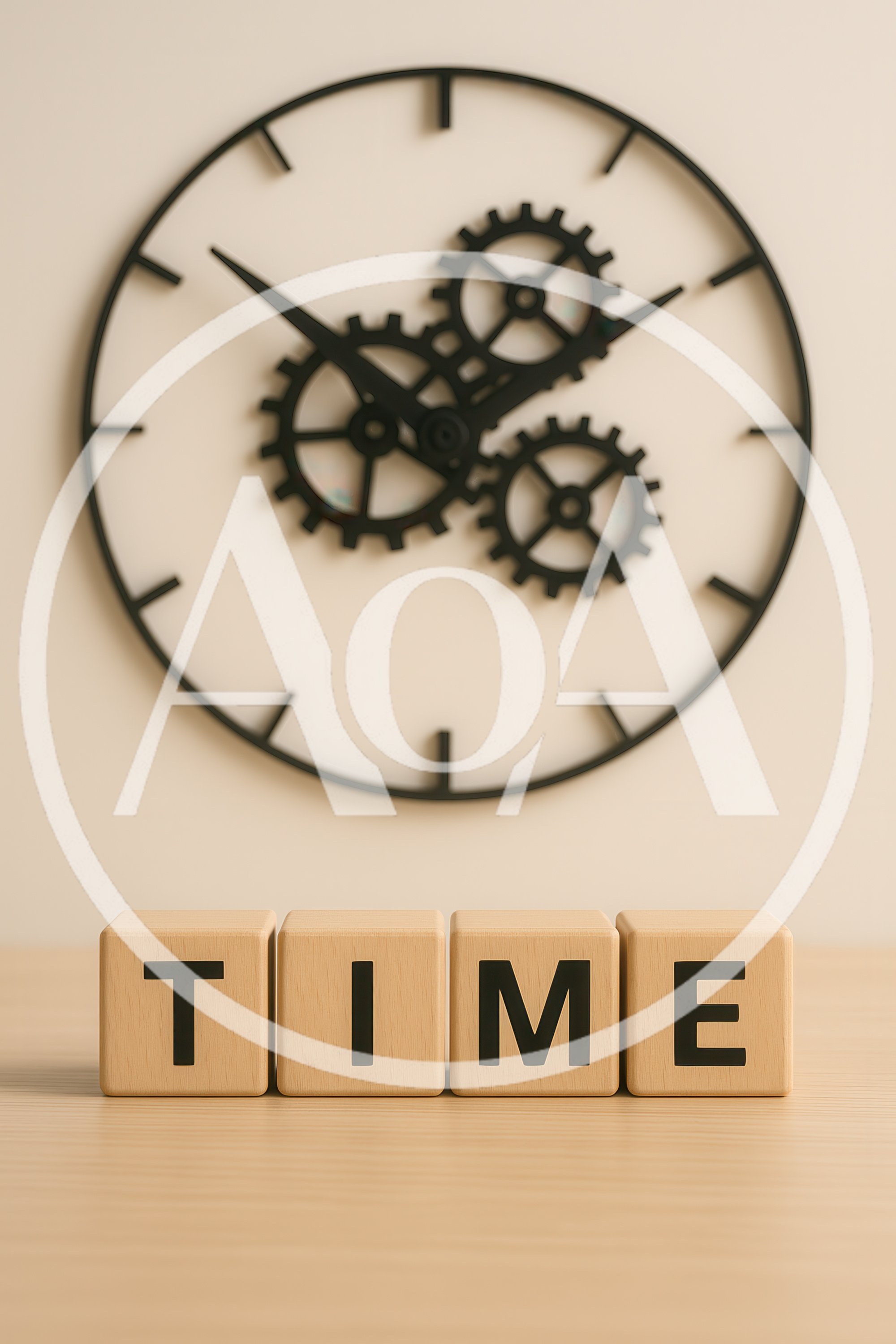Wooden Blocks Spelling Time Under A Gear Clock