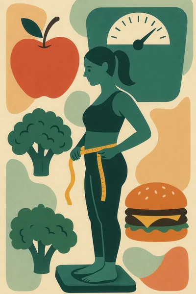 Woman Measuring Waistline With Healthy And Unhealthy Food Icons