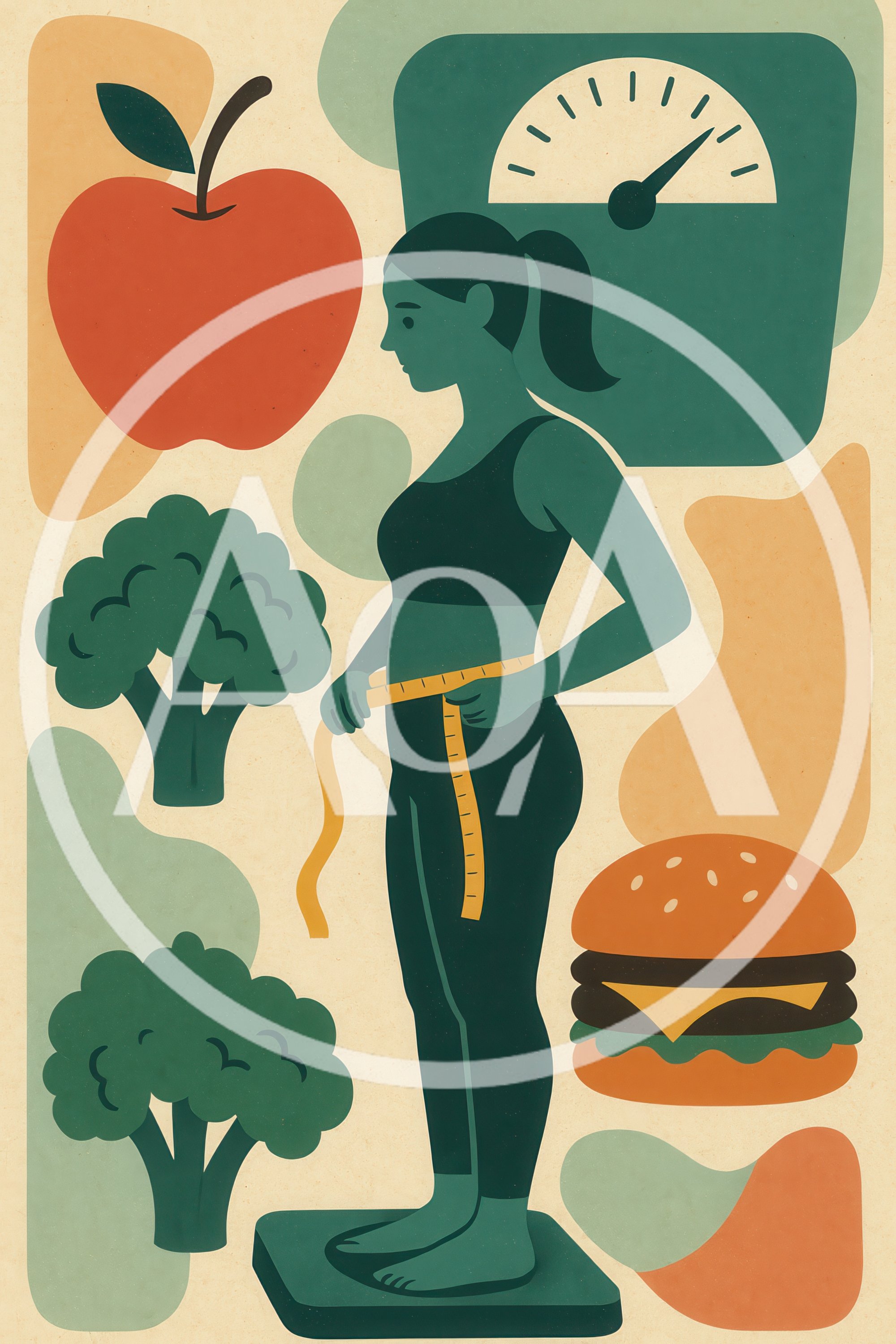 Woman Measuring Waistline With Healthy And Unhealthy Food Icons