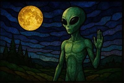 Stained Glass Alien Waving Under A Full Moon
