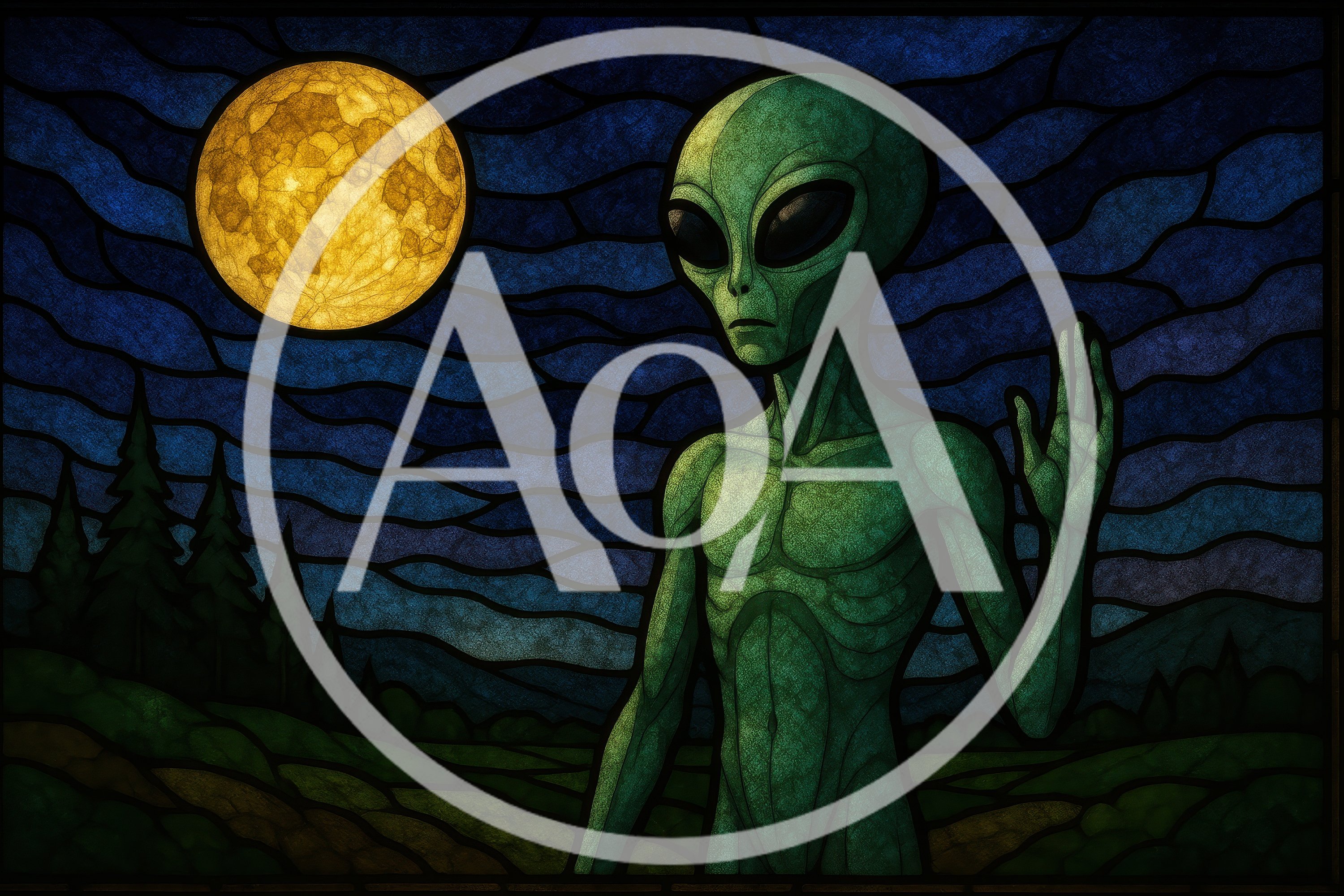 Stained Glass Alien Waving Under A Full Moon