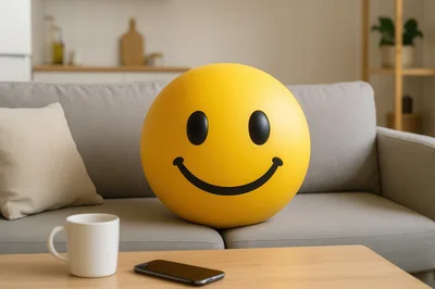 Yellow Smiley Face Ball Sitting On A Living Room Sofa