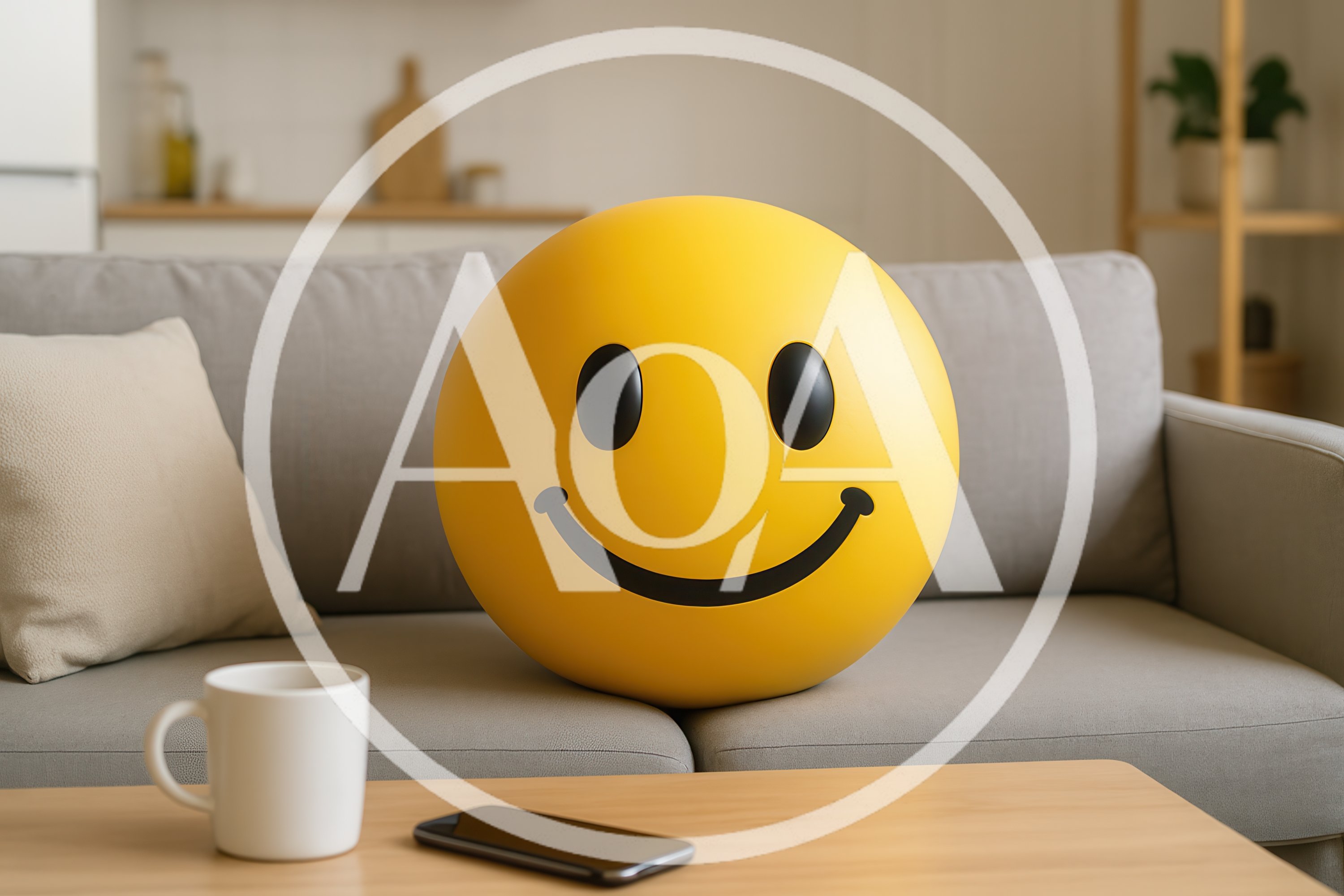 Yellow Smiley Face Ball Sitting On A Living Room Sofa