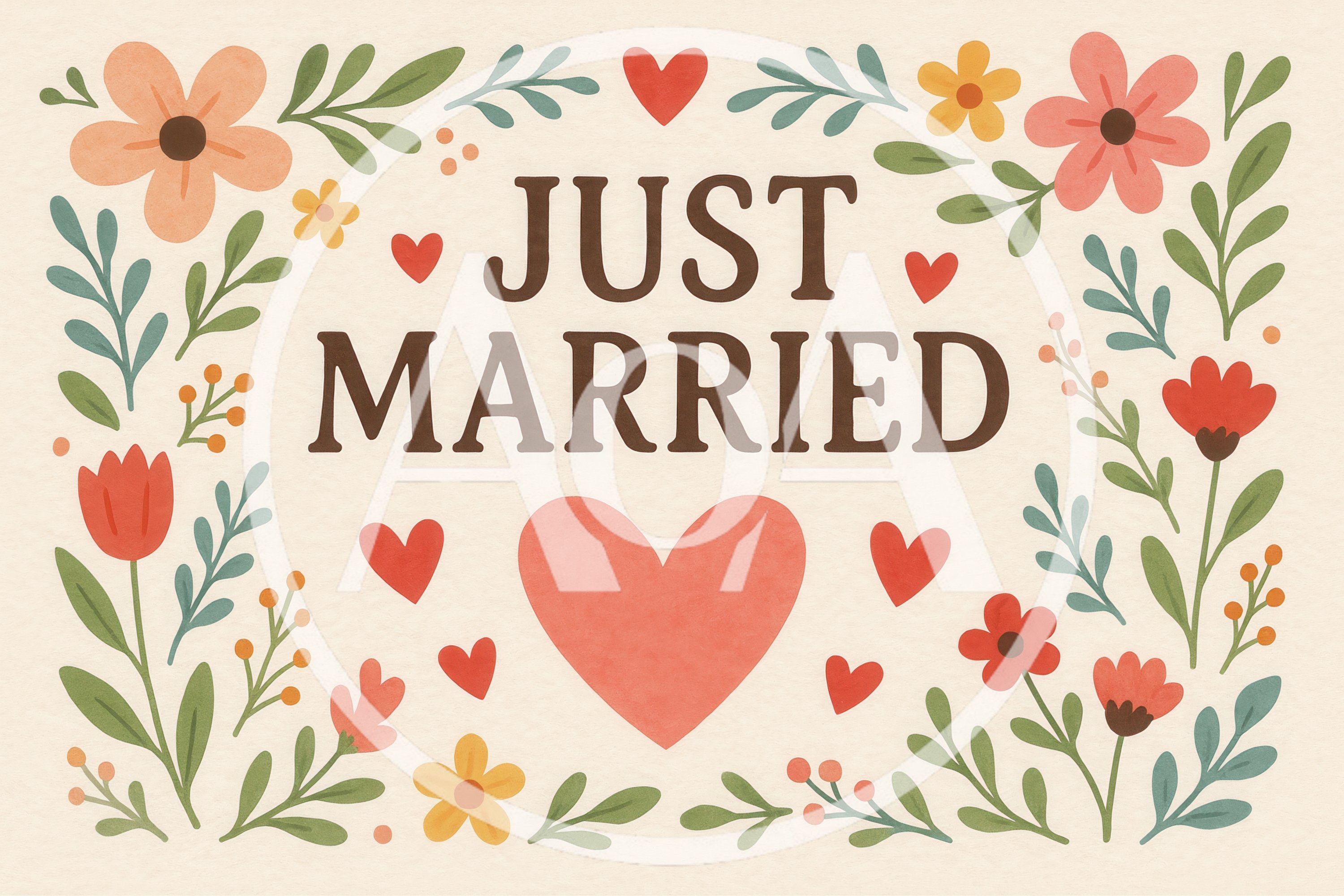 Just Married Floral Greeting Card Illustration