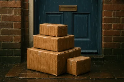 Stacked Brown Cardboard Packages On Porch In Rain