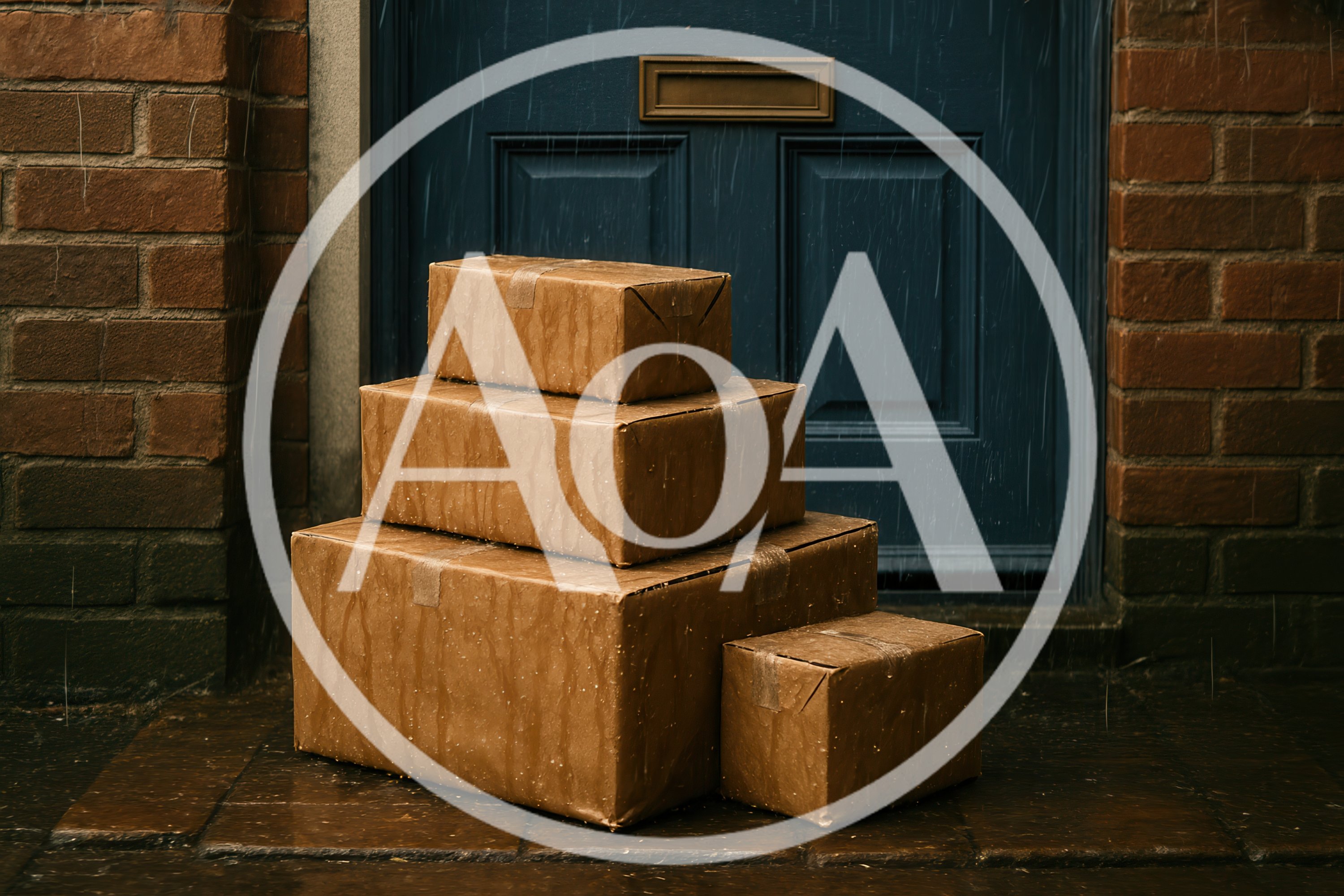 Stacked Brown Cardboard Packages On Porch In Rain