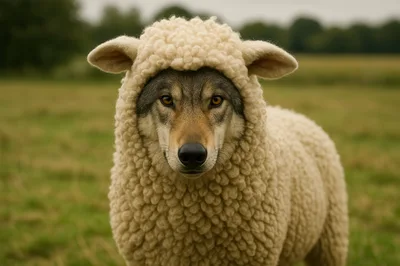 Wolf Wearing A Realistic Sheep Costume In A Field