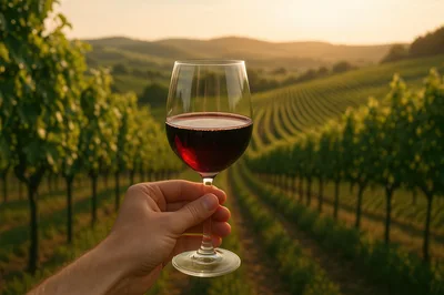 Hand Holding A Glass Of Red Wine In A Vineyard