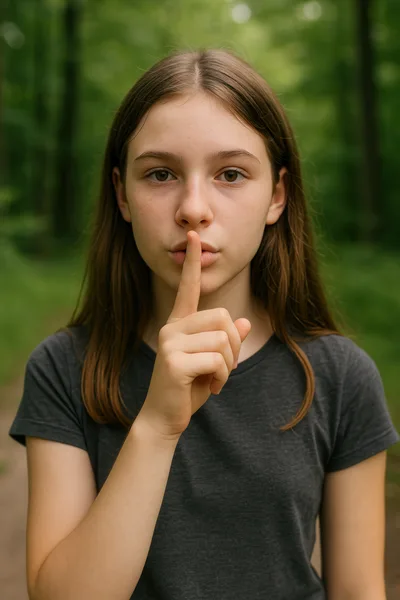 Young Girl Making A Quiet Gesture In The Forest