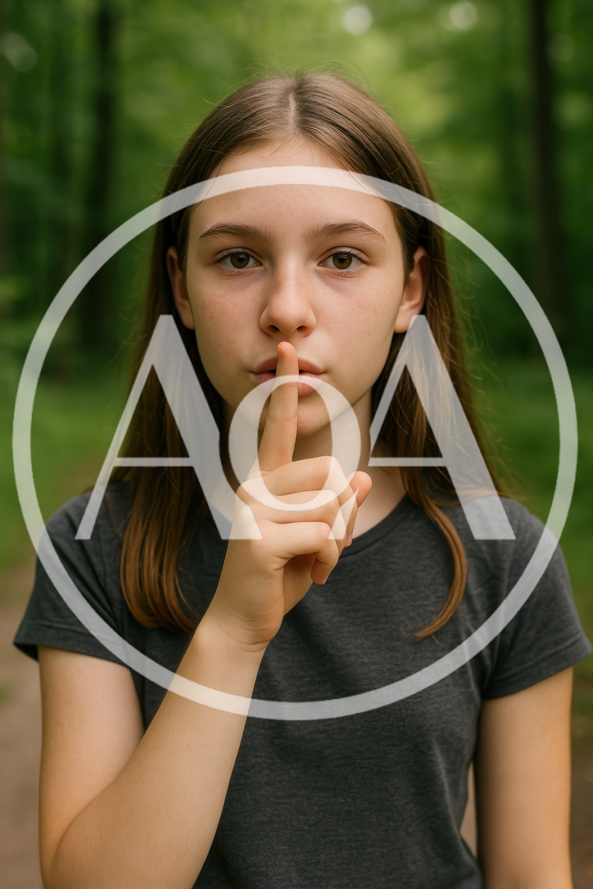 Young Girl Making A Quiet Gesture In The Forest