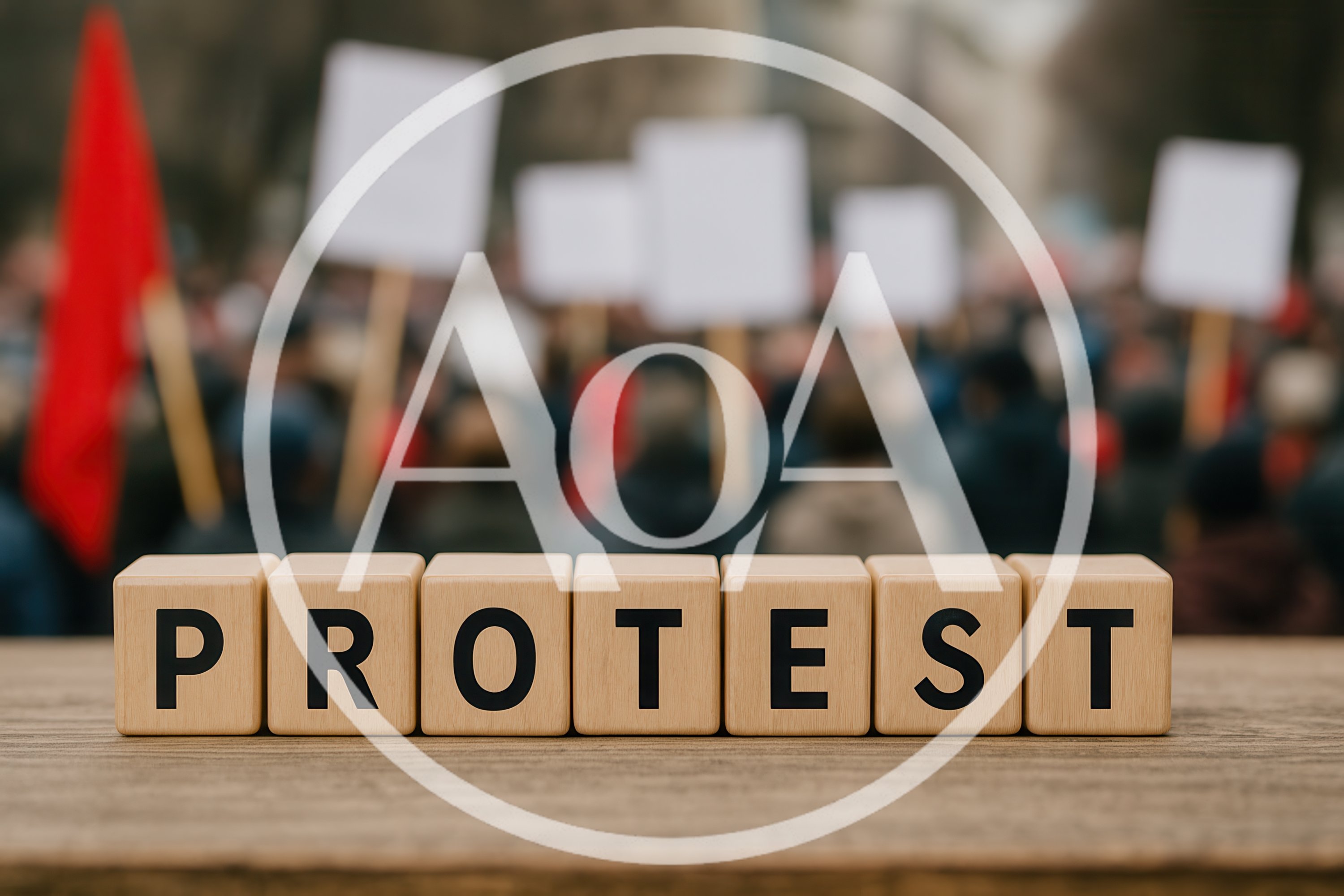 Wooden Blocks Spelling Protest Against Blurred Crowd Background