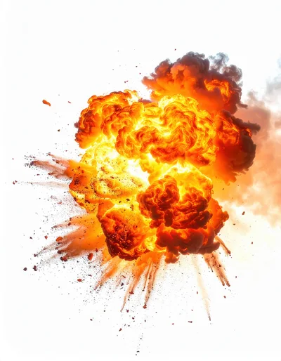 Massive Fiery Explosion With Debris And Smoke