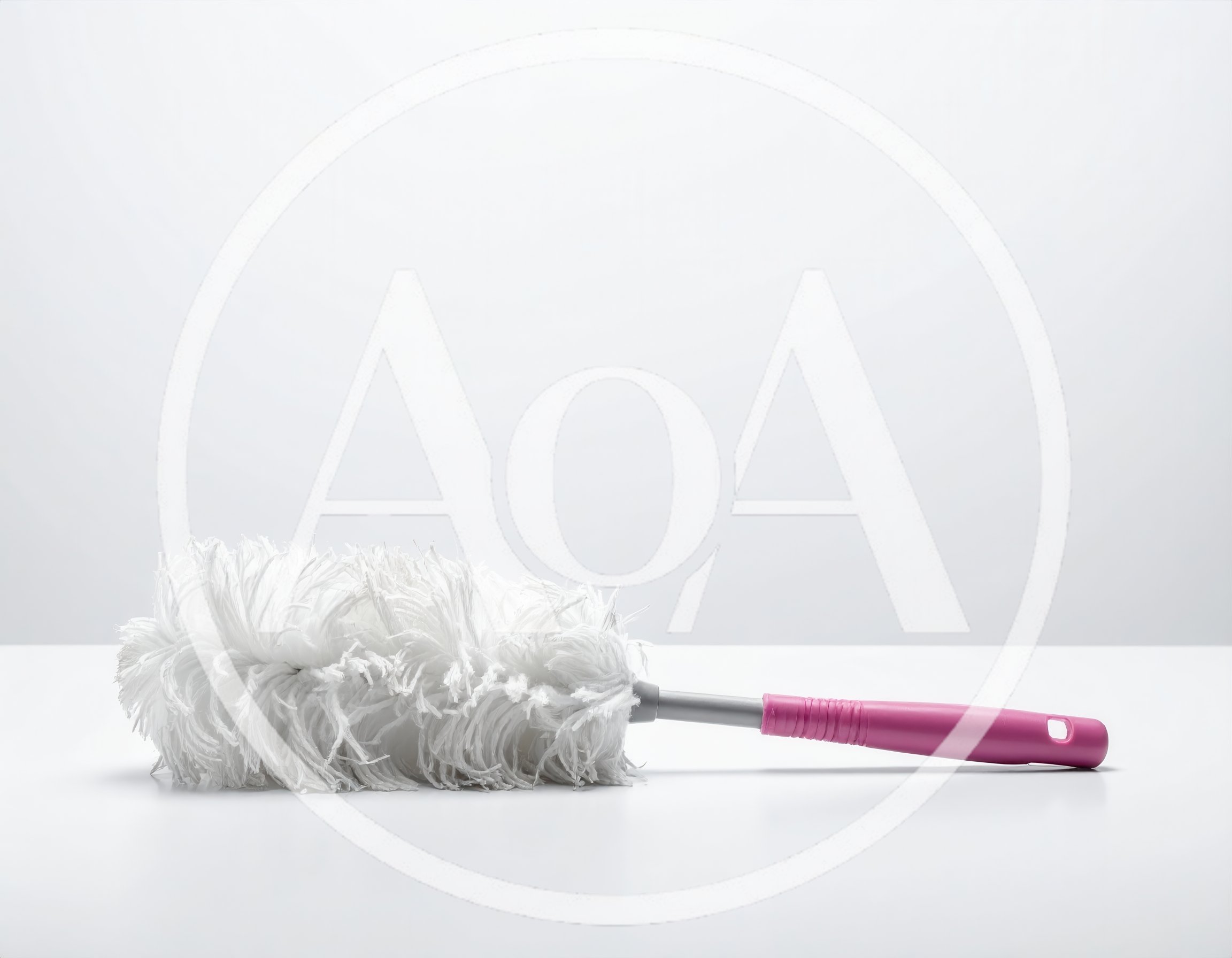 White Feather Duster With Pink Handle On White Surface