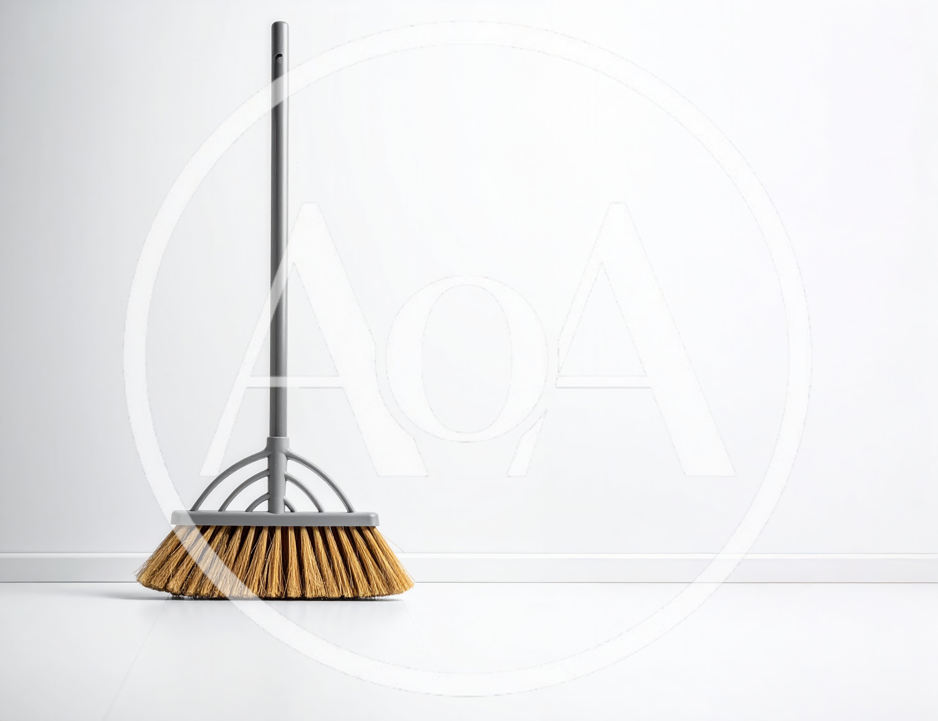 A Single Broom Standing Against A White Wall