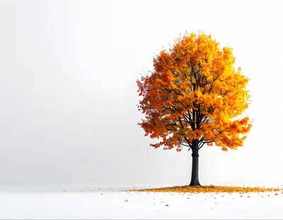 Single Autumn Tree With Golden Leaves On White Background