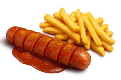 Currywurst Sausage With French Fries On White Background