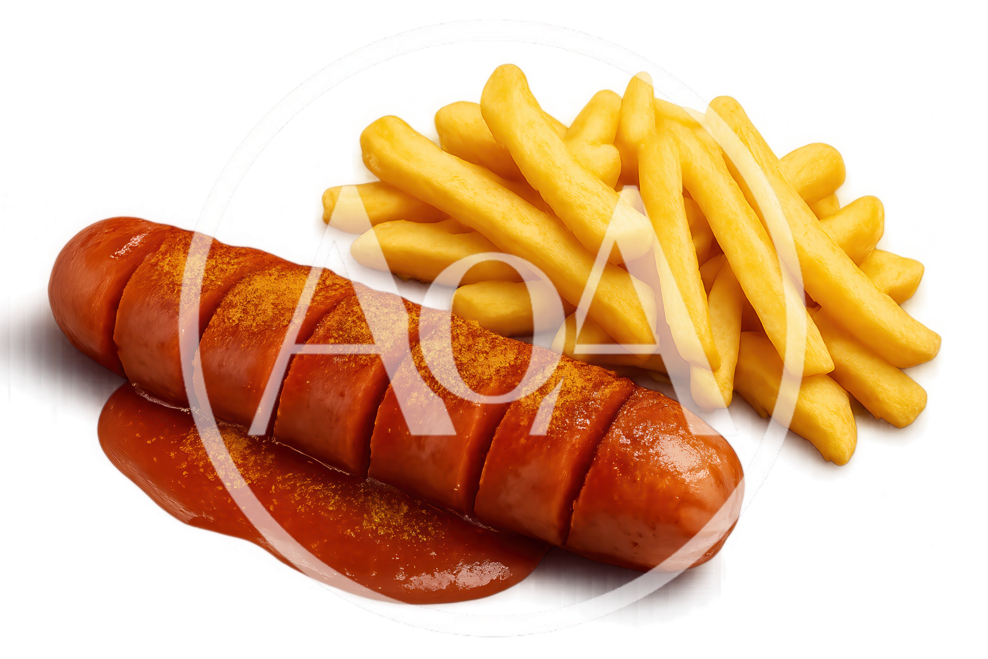 Currywurst Sausage With French Fries On White Background