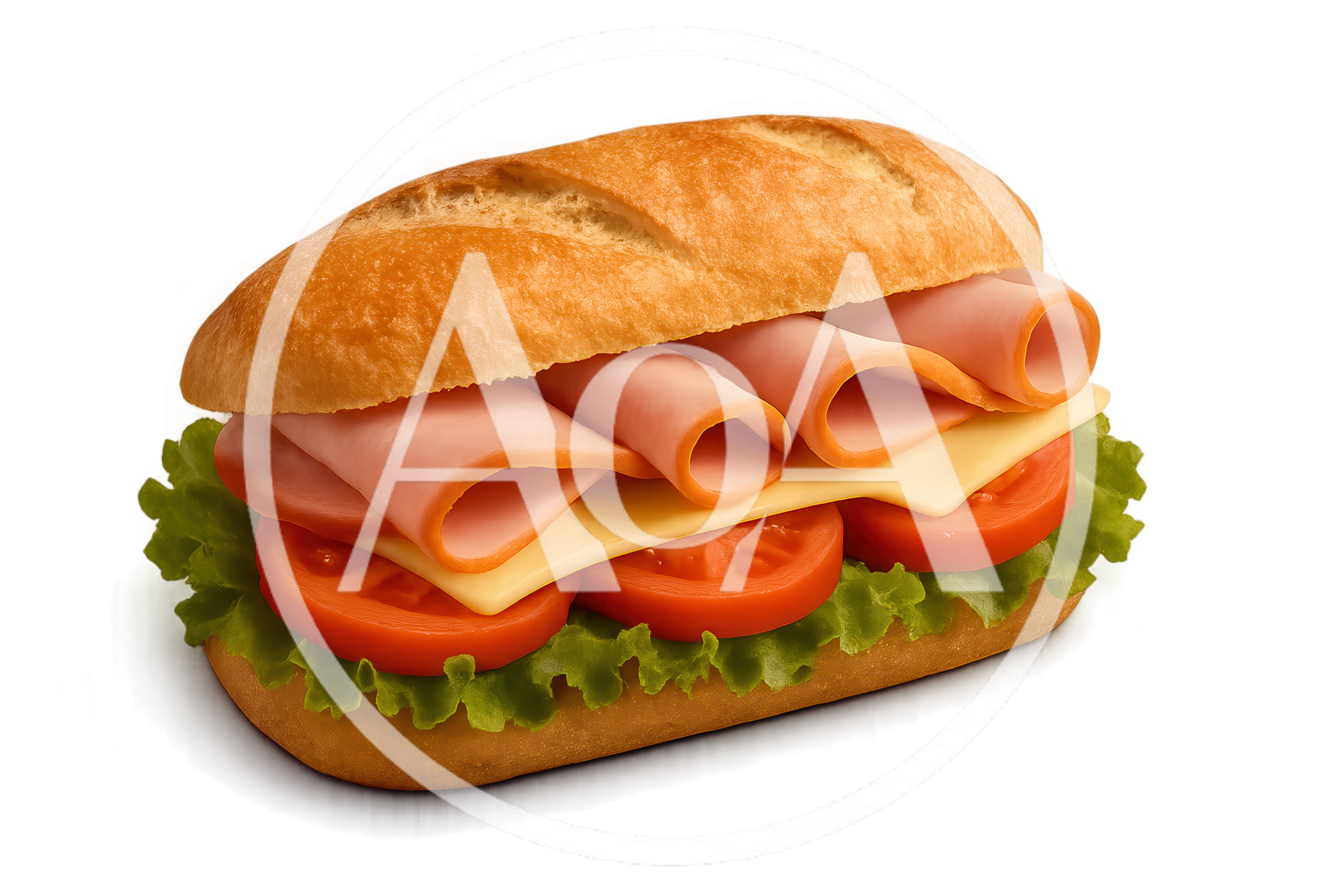 Fresh Ham and Cheese Sub Sandwich on White Background